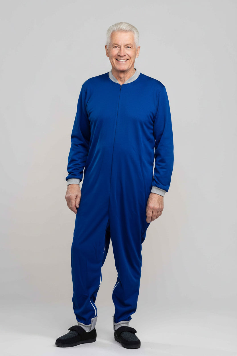 Adaptive long legs onesie designed for people suffering from dementia. A zipper on the back of the garment prevents the wearer from undressing. A large, zippered crotch opening facilitates diaper changes. Durable soft mesh knit dries quickly. Can be wor
