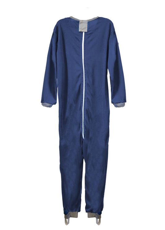 Adaptive long legs onesie designed for people suffering from dementia. A zipper on the back of the garment prevents the wearer from undressing. A large, zippered crotch opening facilitates diaper changes. Durable soft mesh knit dries quickly. Can be wor