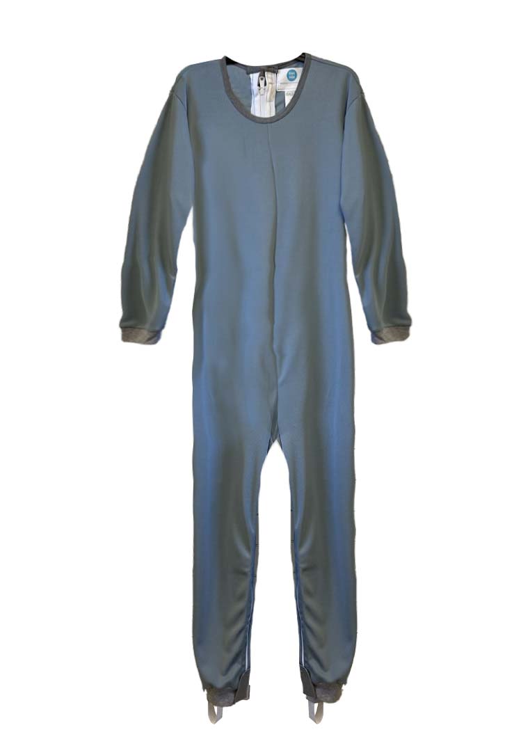 Adaptive long legs onesie designed for people suffering from dementia. A zipper on the back of the garment prevents the wearer from undressing. A large, zippered crotch opening facilitates diaper changes. Durable soft mesh knit dries quickly. Can be wor
