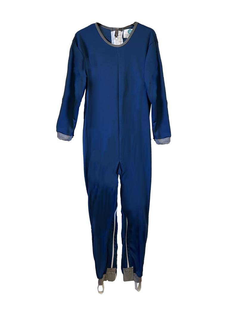Adaptive long legs onesie designed for people suffering from dementia. A zipper on the back of the garment prevents the wearer from undressing.  A large, zippered crotch opening facilitates diaper changes.  Durable soft mesh knit dries quickly. Can be wor