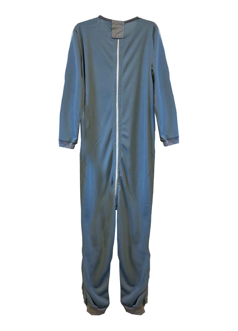 Adaptive long legs onesie designed for people suffering from dementia. A zipper on the back of the garment prevents the wearer from undressing.  A large, zippered crotch opening facilitates diaper changes.  Durable soft mesh knit dries quickly. Can be wor