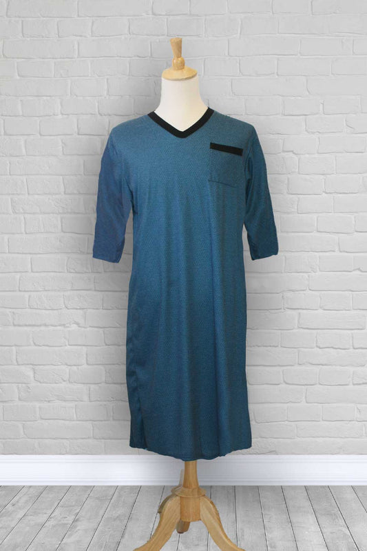 Adaptive nightshirt for men. Designed as a hospital gown, this soft knit is a blend of polyester and cotton.  Double panels prevent the garment from opening at the back. 