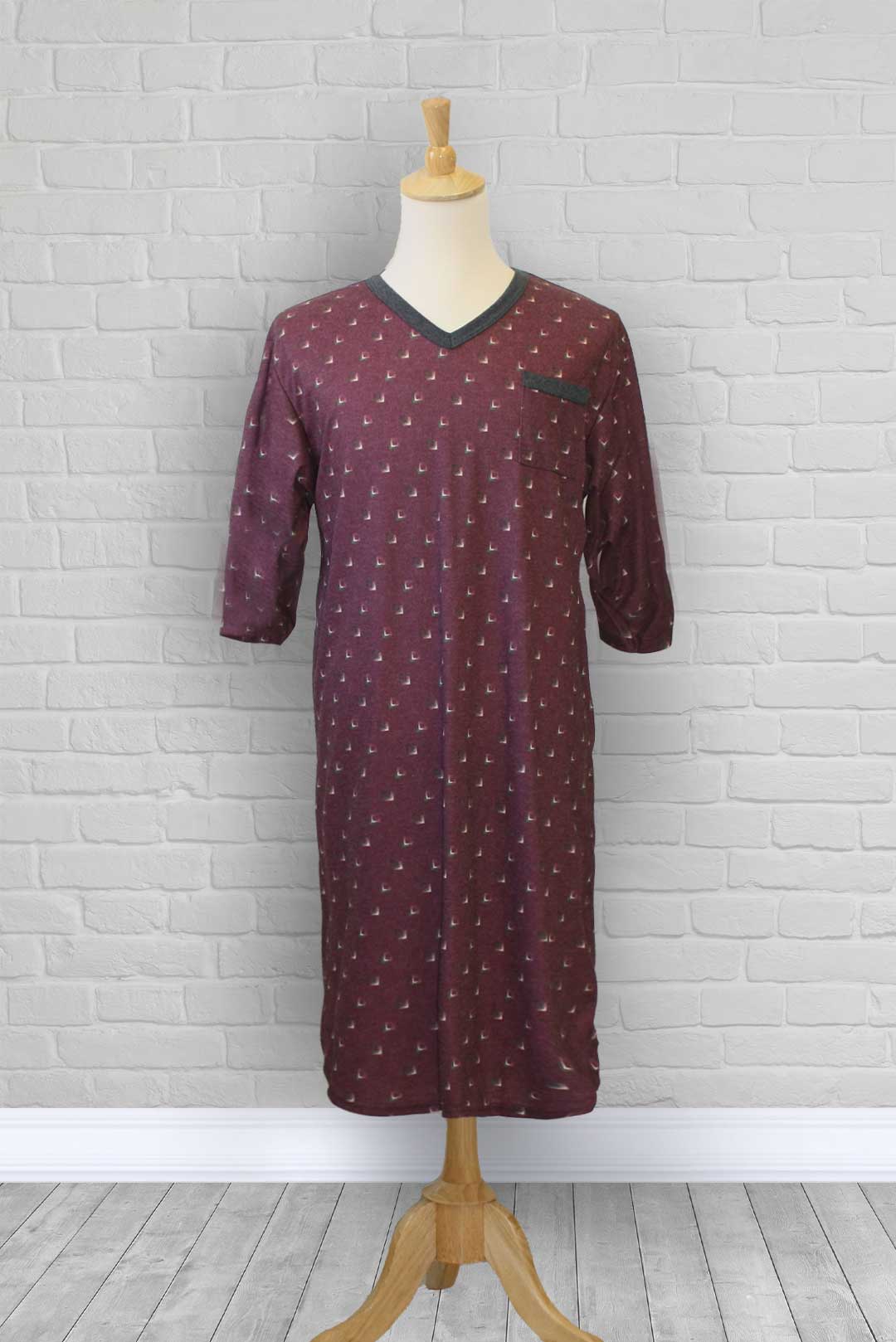Adaptive nightshirt for men. Designed as a hospital gown, this soft knit is a blend of polyester and cotton.  Double panels prevent the garment from opening at the back. 