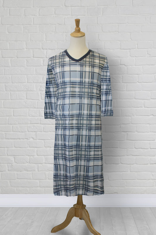 Adaptive nightshirt for men. Designed as a hospital gown, this soft knit is a blend of polyester and cotton.  Double panels prevent the garment from opening at the back. 