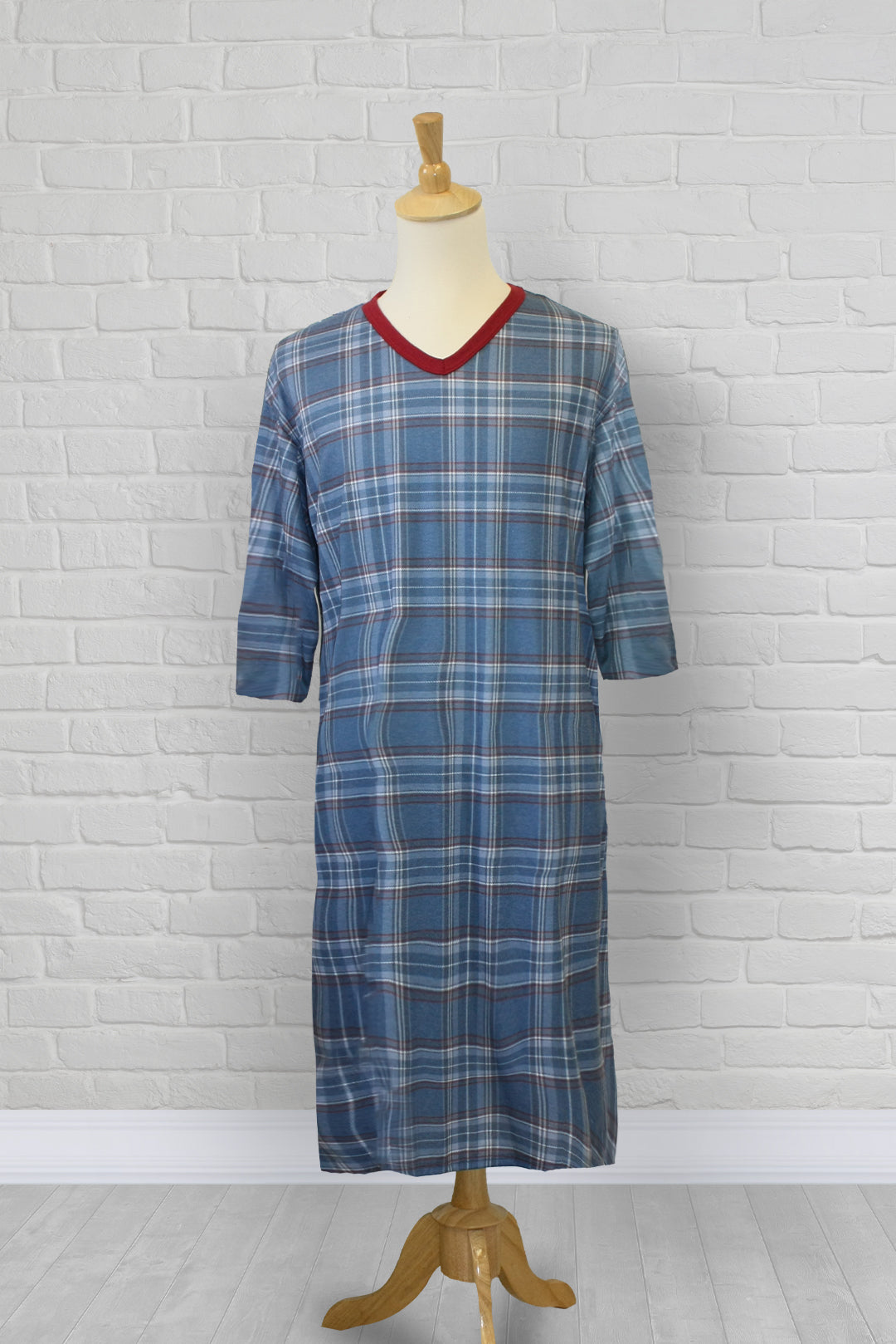 Adaptive nightshirt for men. Designed as a hospital gown, this soft knit is a blend of polyester and cotton.  Double panels prevent the garment from opening at the back. 