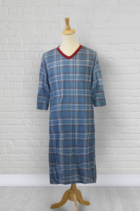 Adaptive nightshirt for men. Designed as a hospital gown, this soft knit is a blend of polyester and cotton.  Double panels prevent the garment from opening at the back. 
