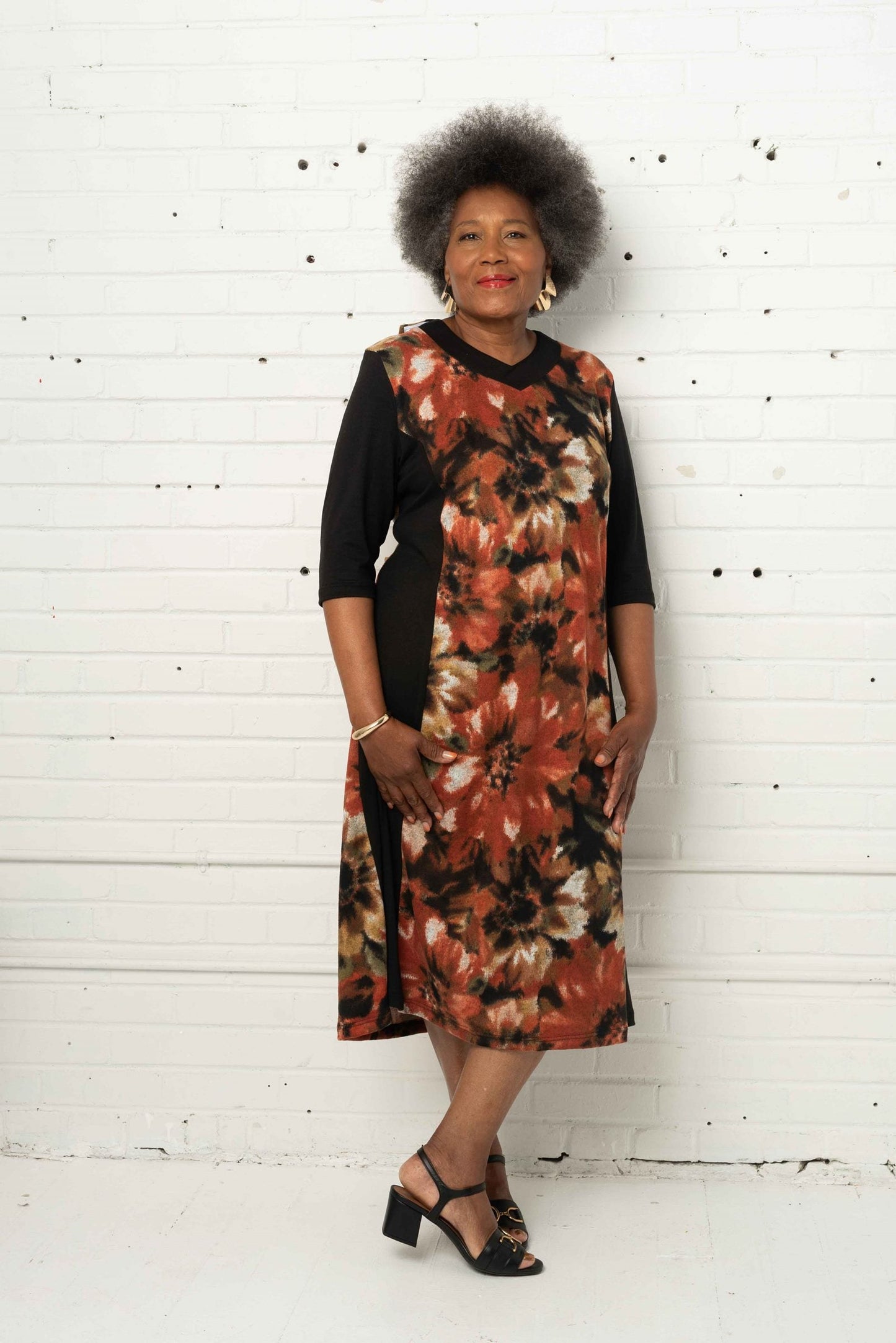 Adaptive Basic Dress, 3/4 Sleeves, Soft Knit, Wide Opening, Closes With A Snap Button