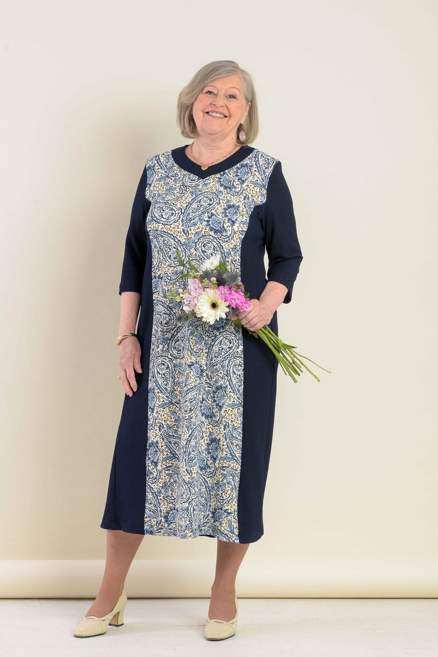 Adaptive Basic Dress, 3/4 Sleeves, Soft Knit, Wide Opening, Closes With A Snap Button