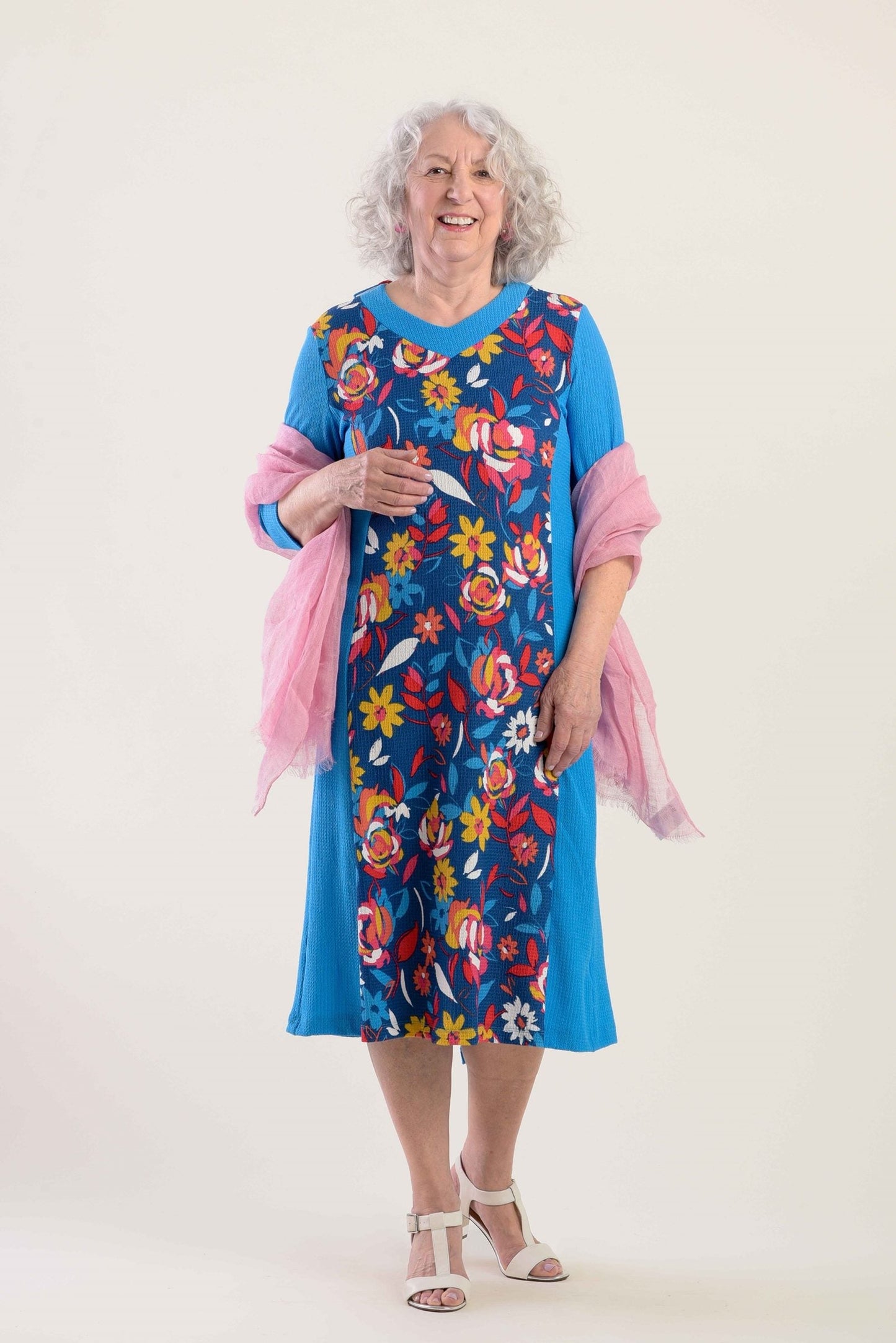 Adaptive Basic Dress, 3/4 Sleeves, Soft Knit, Wide Opening, Closes With A Snap Button