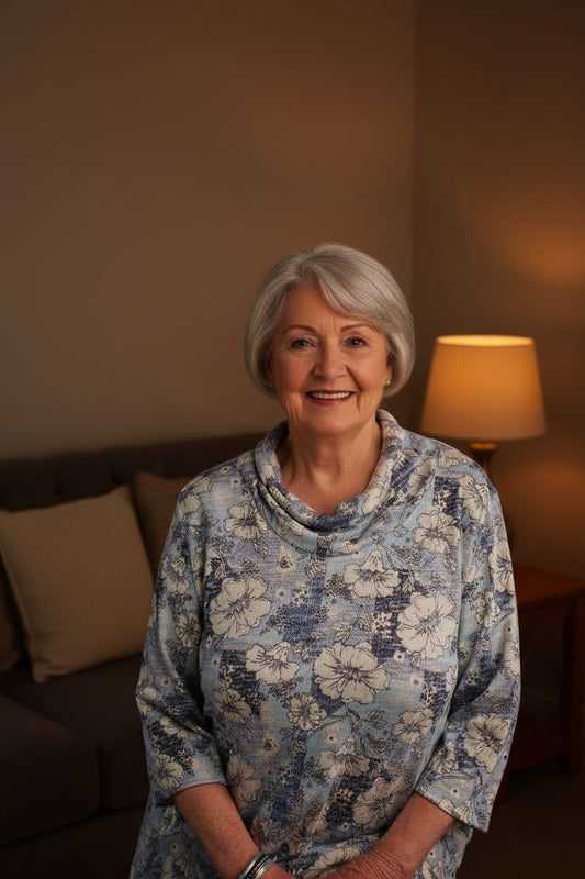 Stay comfortable and stylish with our adaptive top. The 3/4 sleeves are perfect for year-round wear, and the light weight knit will keep you feeling light and breezy. Plus, the beautiful flower pattern adds a touch of elegance to your wardrobe.
