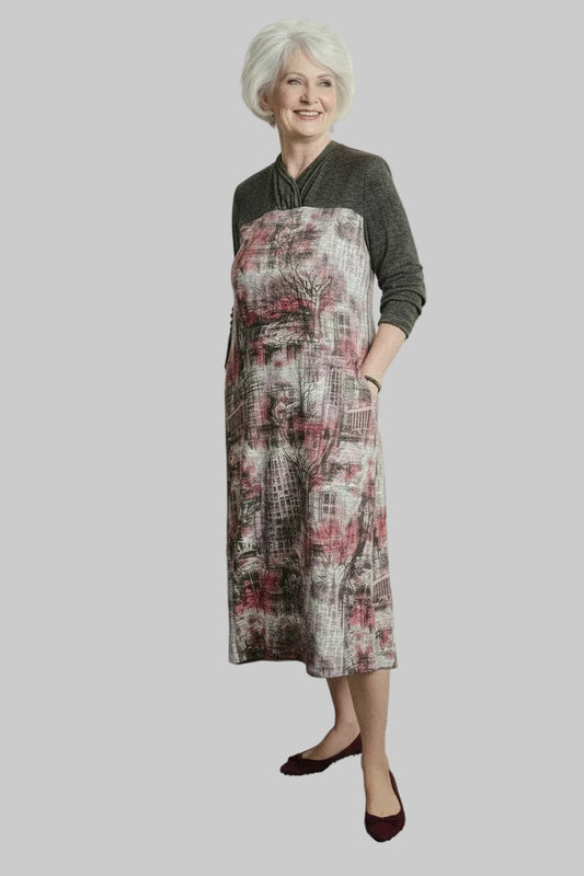2CR828-2C605-Robe à col V et manches longues.